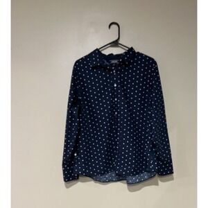 Lands End Womens Size 18P Navy Polka Dot Button Down Supima Cotton